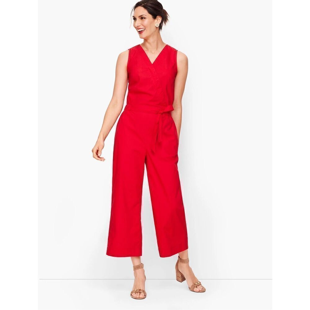 Talbots Size 16 Belted Waist Sleeveless Jumpsuit Red Wide Leg Modern Classic